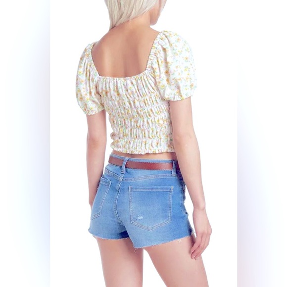 NWT Elodie Floral Square Neck Smocked Puff Sleeve Pink Orange Crop Top- Sz Large - Picture 8 of 9